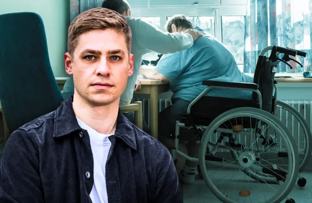 Krankenpfleger Alexander Jorde im Portrait im Vordergrund, ein Pfleger mit einem Mann im Rollstuhl im Hintergrund. Collage: Surplus, Material: Lars Berg, IMAGO/Bihlmayerfotografie