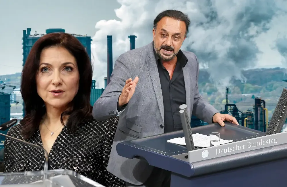 Mirze Edis (r) und Katherina Reiche (l) im Vordergrund, im Hintergrund Industrie. Collage: Surplus, Material: IMAGO/Jens Schicke/dts Nachrichtenagentur/Wolfgang Maria Weber